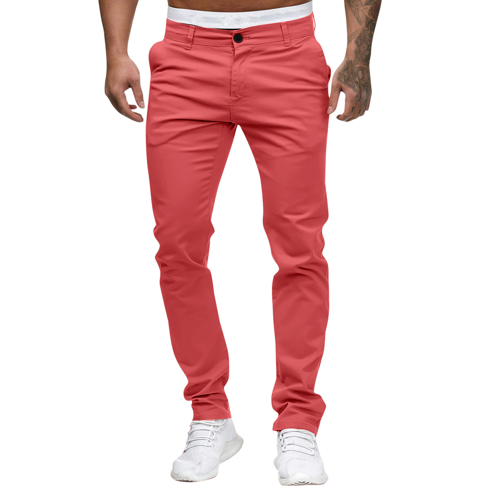 thumbnail image 1 of Pantalones informales lisos de talla grande para hombre, cintura ajustada, botones/bolsillos/cremallera decorativos, algodón, tallas M-XXXL, 1 of 6